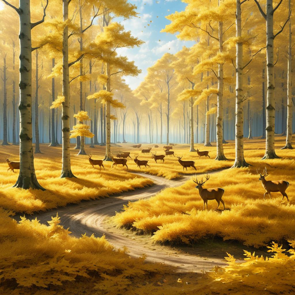 Golden Leaf Forest with Roaming Deer