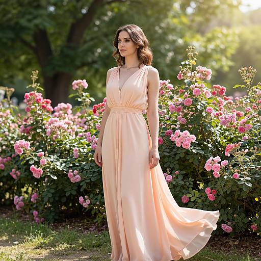 Photograph of a brunette woman in a sleeveless, peach-colored, V-neck gown standing in a sunlit garden filled with pink roses.