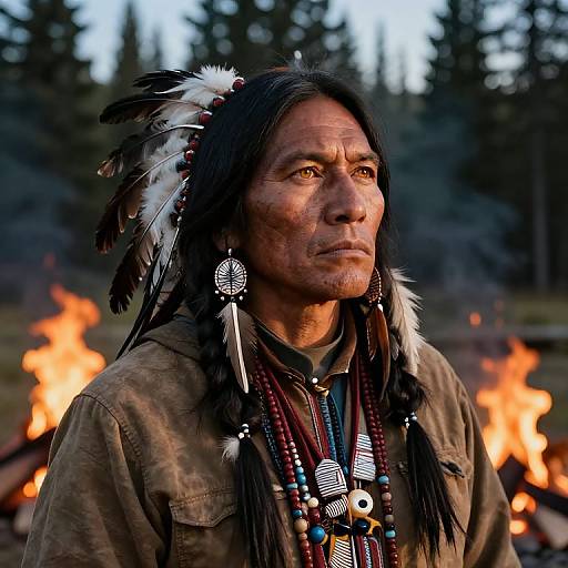 Photograph of a Native American man with long black hair, feathered headpiece, and tribal jewelry, standing by a campfire in a forest.