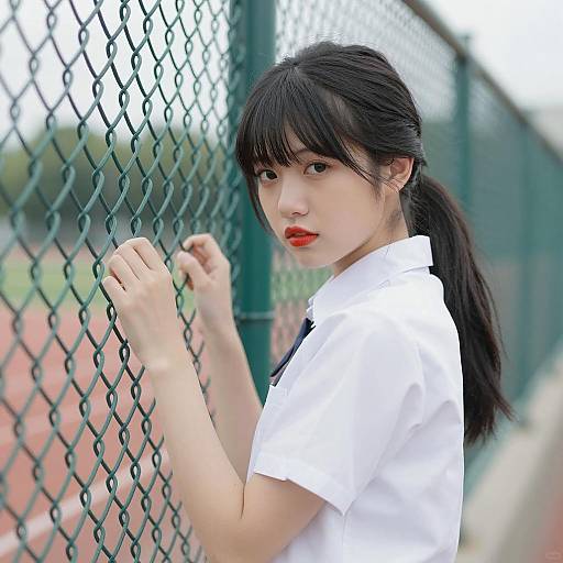 Intense Young Woman by Green Fence