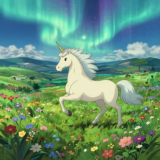 Regal Unicorn Beneath Aurora Borealis