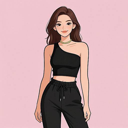 Digital anime-style drawing of a smiling woman with long brown hair, wearing a black one-shoulder crop top and black pants, against a light pink