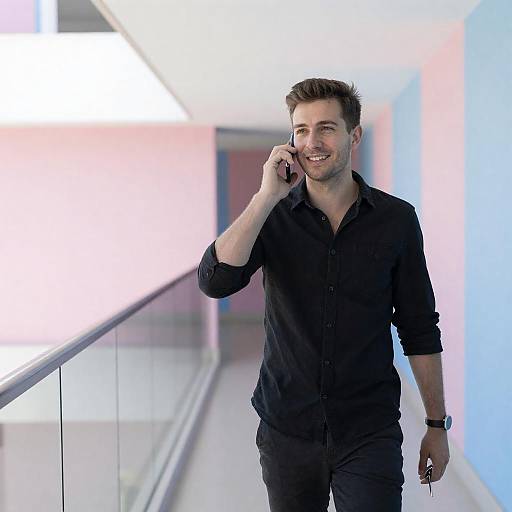 Smiling Man in Colorful Corridor
