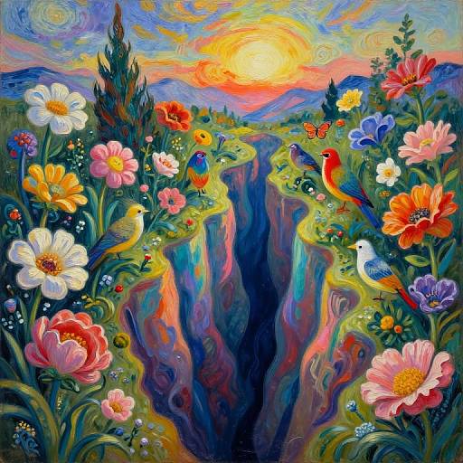 Vibrant digital painting of a colorful canyon filled with flowers, birds, and butterflies under a bright, orange sunset sky.