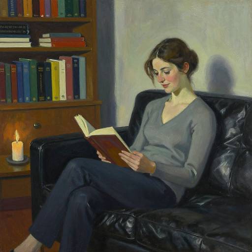 Oil painting of a woman with short brown hair, wearing a gray sweater and black pants, reading a book on a black leather couch, next to a