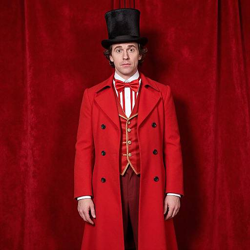 Photograph of a man in a red Victorian-style magician's outfit with black top hat, red vest, bow tie, and long coat, standing against