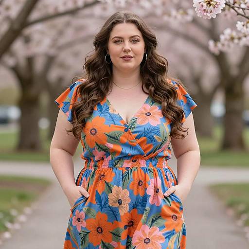 Confident Plus-Size Woman in Floral Dress Outdoors