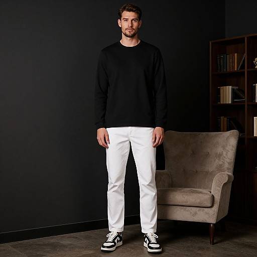 Photograph of a bearded man in a black sweater, white pants, and black-and-white sneakers, standing in a dark room with a beige arm
