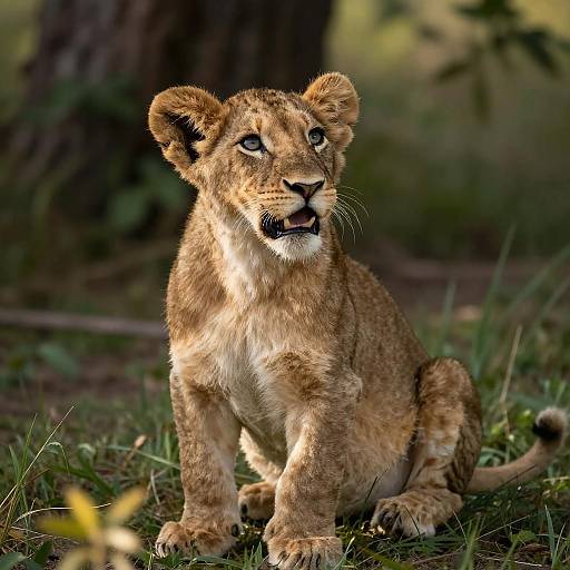 Young Lion Cub Sitting in Grass