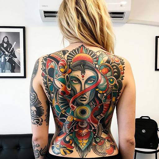 Photograph of a blonde woman with back tattoos featuring colorful, intricate, traditional-style designs, including a face with red gem, in a modern room with