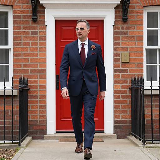 Photograph of a middle-aged man in a dark blue suit, white shirt, red tie, and sunglasses, walking towards a vibrant red door of a