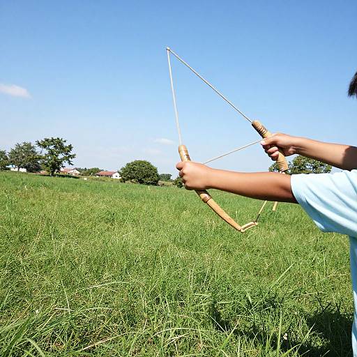 Photograph of a person's right arm drawing a bowstring in a sunny, green grassy field with trees and clear blue sky.