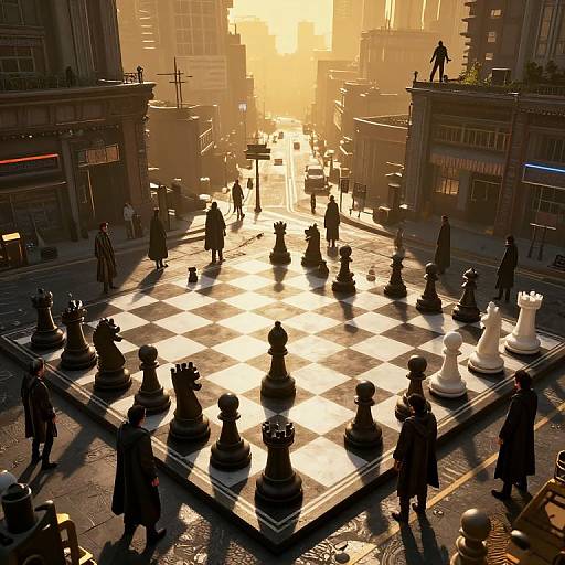 CGI image of a giant chessboard in a sunlit urban square, with silhouetted people playing and observing the game.