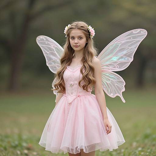 Photograph of a young girl with long, wavy brown hair, wearing a pink fairy dress, flower crown, and translucent wings, standing in a