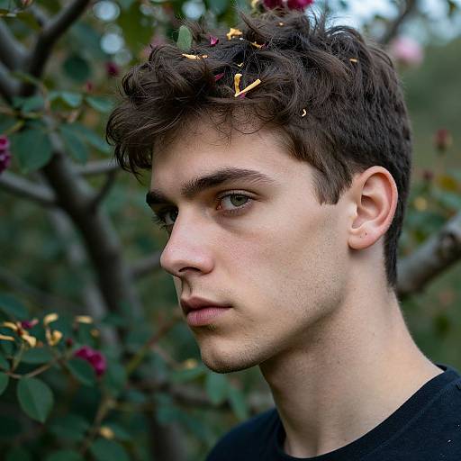 Photograph of a young, light-skinned man with curly brown hair, green eyes, and a serious expression, standing amidst green foliage with purple flowers