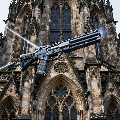 Photograph of a large, black, futuristic handgun with laser beams emitting from it, hovering in front of a Gothic-style cathedral with intricate stone carv