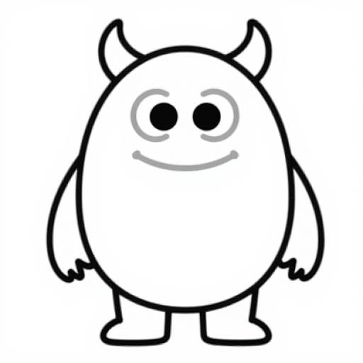 Black-and-white cartoon drawing of a round, horned monster with simple, large eyes and a small smile, standing upright.