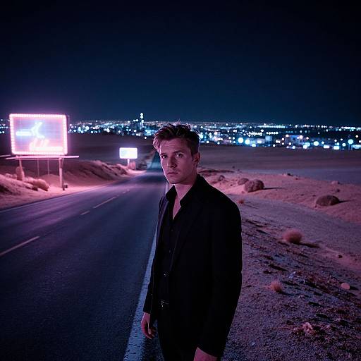 Photograph of a serious young man in a black coat standing on a deserted, illuminated highway at night, with city lights in the background. Neon signs