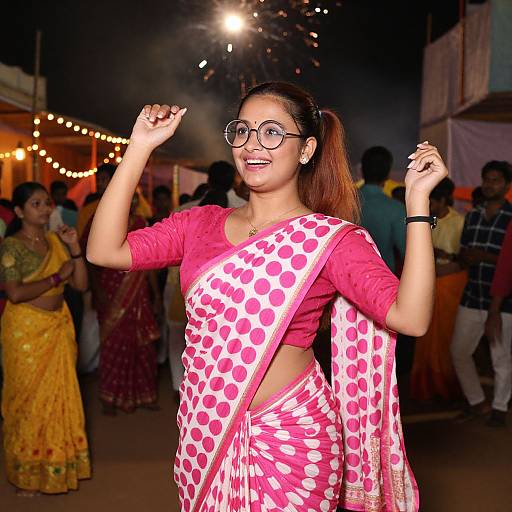 Joyful Woman Dancing in Festive Saree