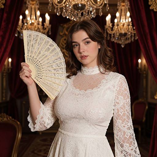 Photograph of a young woman with fair skin and dark brown hair, wearing a white lace dress and holding a fan, in a luxurious room with a