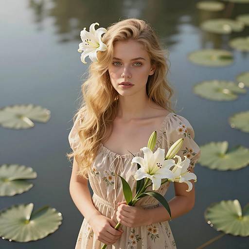 Serene Blonde Woman Among Water Lilies
