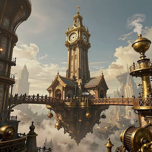 Steampunk-style clock tower on a floating island, connected by ornate iron bridge, surrounded by misty clouds and elaborate golden structures.