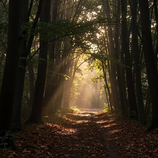 Photograph of a sunlit forest path, with sunlight streaming through tall, dark trees, casting dappled light and shadows on the leaf-covered ground