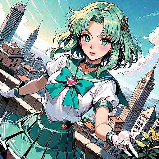 Digital anime-style illustration of a green-haired girl in a sailor school uniform, standing on a cityscape rooftop with skyscrapers and a bright blue sky