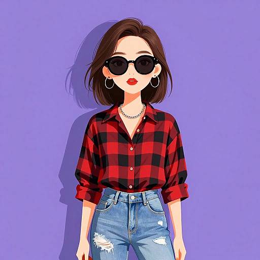 Stylish Woman in Checkered Shirt and Sunglasses