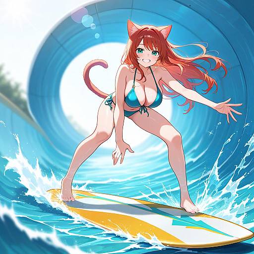 Anime-style digital drawing of a red-haired, green-eyed catgirl with large breasts, wearing a blue bikini, surfing on a yellow board through a blue