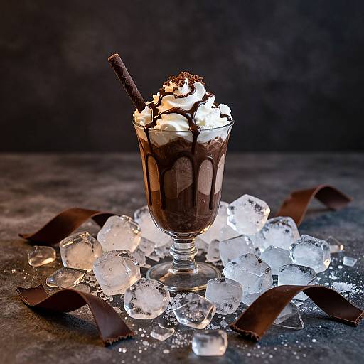 Photograph of a glass mug filled with chocolate mousse topped with whipped cream and a cinnamon stick, surrounded by ice cubes and chocolate ribbons on a