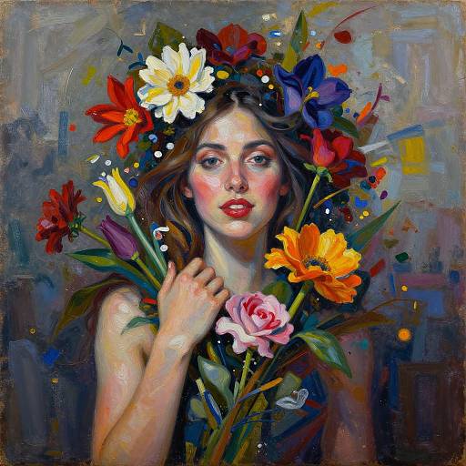 Digital painting of a fair-skinned woman with red lips, surrounded by vibrant flowers including daisies, tulips, and roses, wearing a colorful