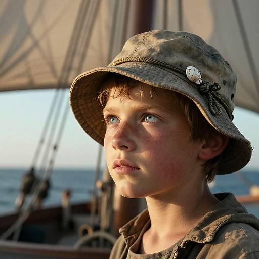 Photograph of a young boy with blue eyes, wearing a camouflage bucket hat and military-style shirt, gazing thoughtfully at sea with a ship's