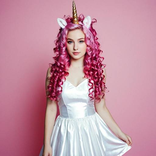 Woman in Unicorn-Themed Dress with Pink Curly Hair