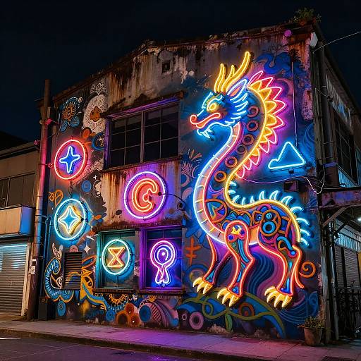 Neon Mythical Creature Street Art