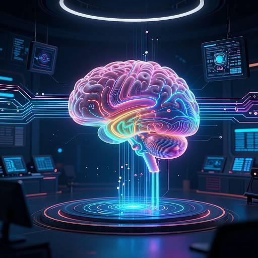 Neon-lit CGI of a glowing brain hovering over a futuristic control room with holographic screens and blue circuit lines.