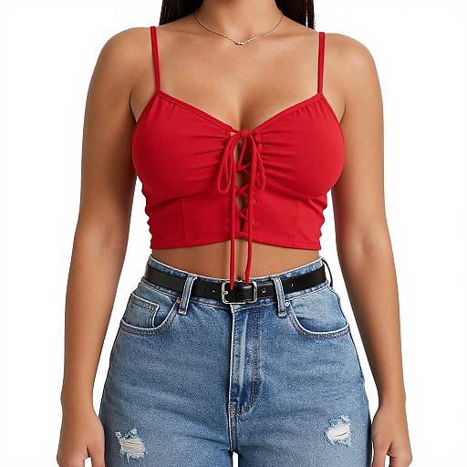 Photograph of a woman with tan skin, wearing a red spaghetti strap crop top with a lace-up front, and high-waisted, blue,