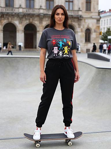 Photograph of a young woman with long brown hair, wearing a gray graphic t-shirt, black pants, and white sneakers, standing on a skateboard in
