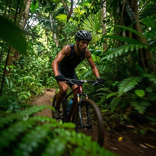 Photograph of a muscular, tattooed man in black cycling gear and helmet, riding a bike through a lush, green jungle trail.