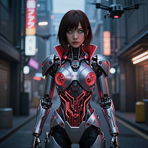 Digital art of a futuristic, cybernetic woman with glowing green eyes, silver armor, red neon accents, standing in a neon-lit urban alley