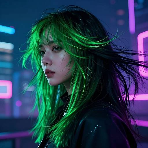 Cyberpunk photograph: Pale-faced woman with neon green and black hair, wearing a dark leather jacket, gazes forward against a neon-lit city
