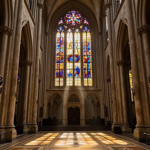 Photograph of a grand Gothic cathedral interior with tall arches, sunlight streaming through vibrant, colorful stained glass windows, illuminating the stone floor.