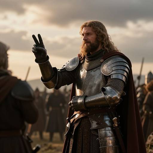 Photograph of a bearded, long-haired Viking warrior in shiny medieval armor, giving a peace sign with his gloved hand, standing amidst a group