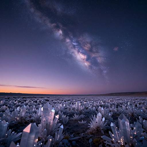 Photograph of a starlit night sky over a field of glowing, crystal-like plants, with the Milky Way prominently visible in the background.