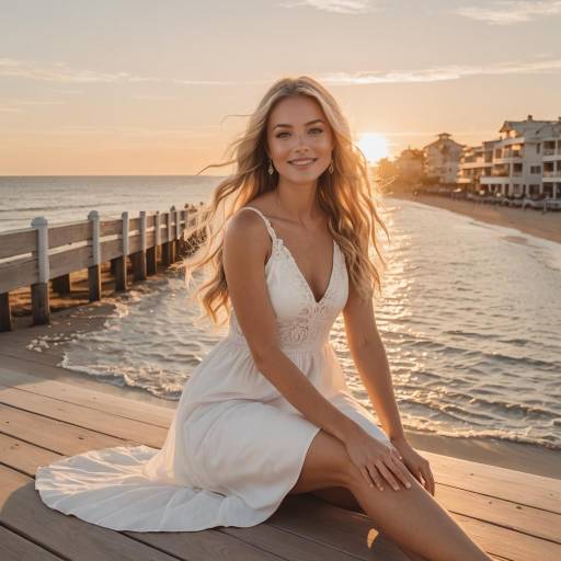 Woman in White Dress Sitting on Pier at Sunset