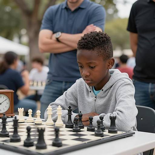 Focused Young Boy Playing Chess Outdoors