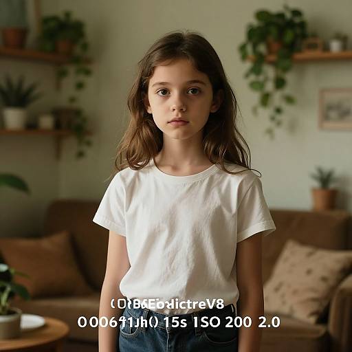 Photograph of a young girl with long brown hair, wearing a white t-shirt, standing in a cozy living room with plants and brown furniture, text