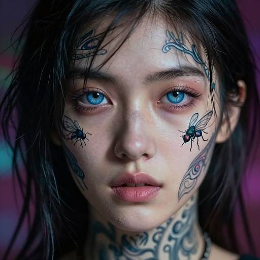 Photorealistic digital portrait of a young woman with striking blue eyes, black hair, and intricate bug tattoos on her face and neck, with a soft