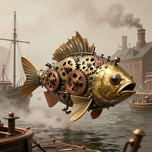 Steampunk fish made of brass and gears, floating above a foggy industrial waterfront with ships and brick buildings. CGI artwork.