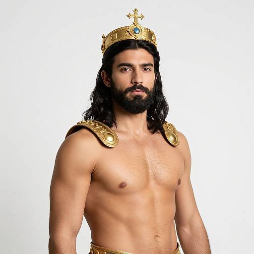 Photograph of a bearded, muscular man with long black hair, wearing a golden crown and shoulder armor, standing against a white background.